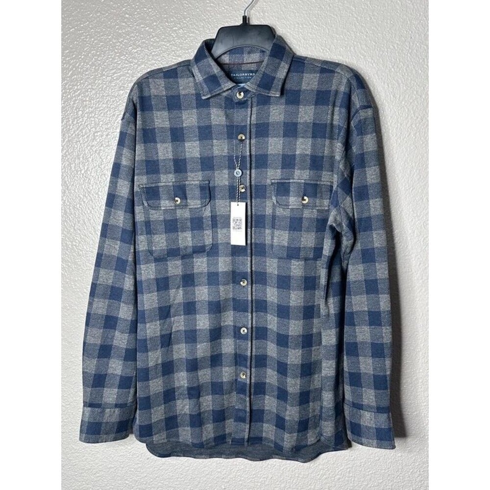 Tailorbyrd Mens blue gray plaid knit jacquard button up shirt nwt medium